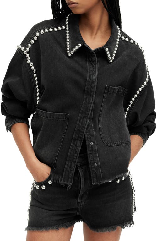 AllSaints Nicky Stud Raw Hem Denim Shirt Jacket Washed Black at Nordstrom,