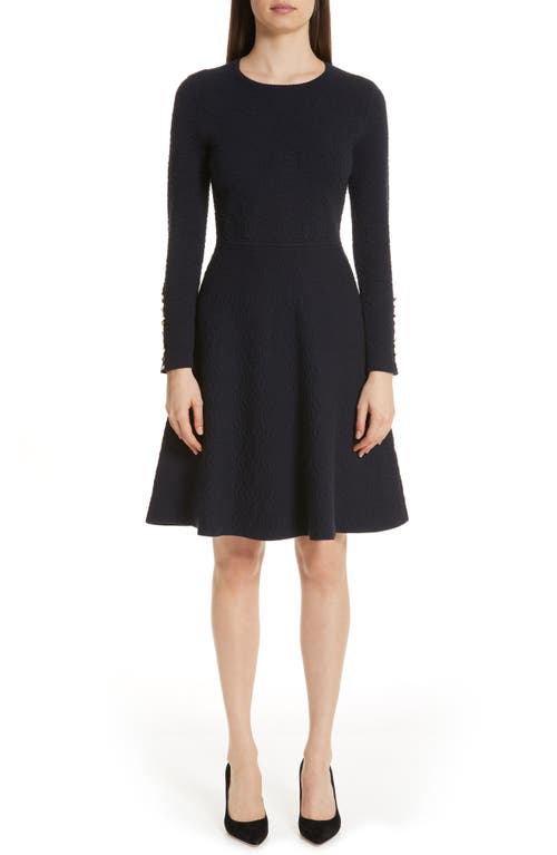 Textured Jacquard Knit Fit & Flare Dress in Navy