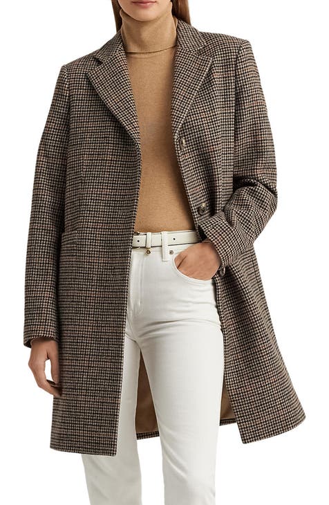 Houndstooth Check Wool Blend Coat