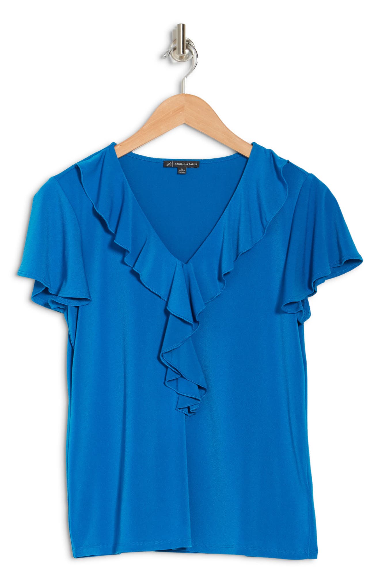 Adrianna Papell Solid Moss Crepe Ruffle V-neck Blouse In Dazzlingbl