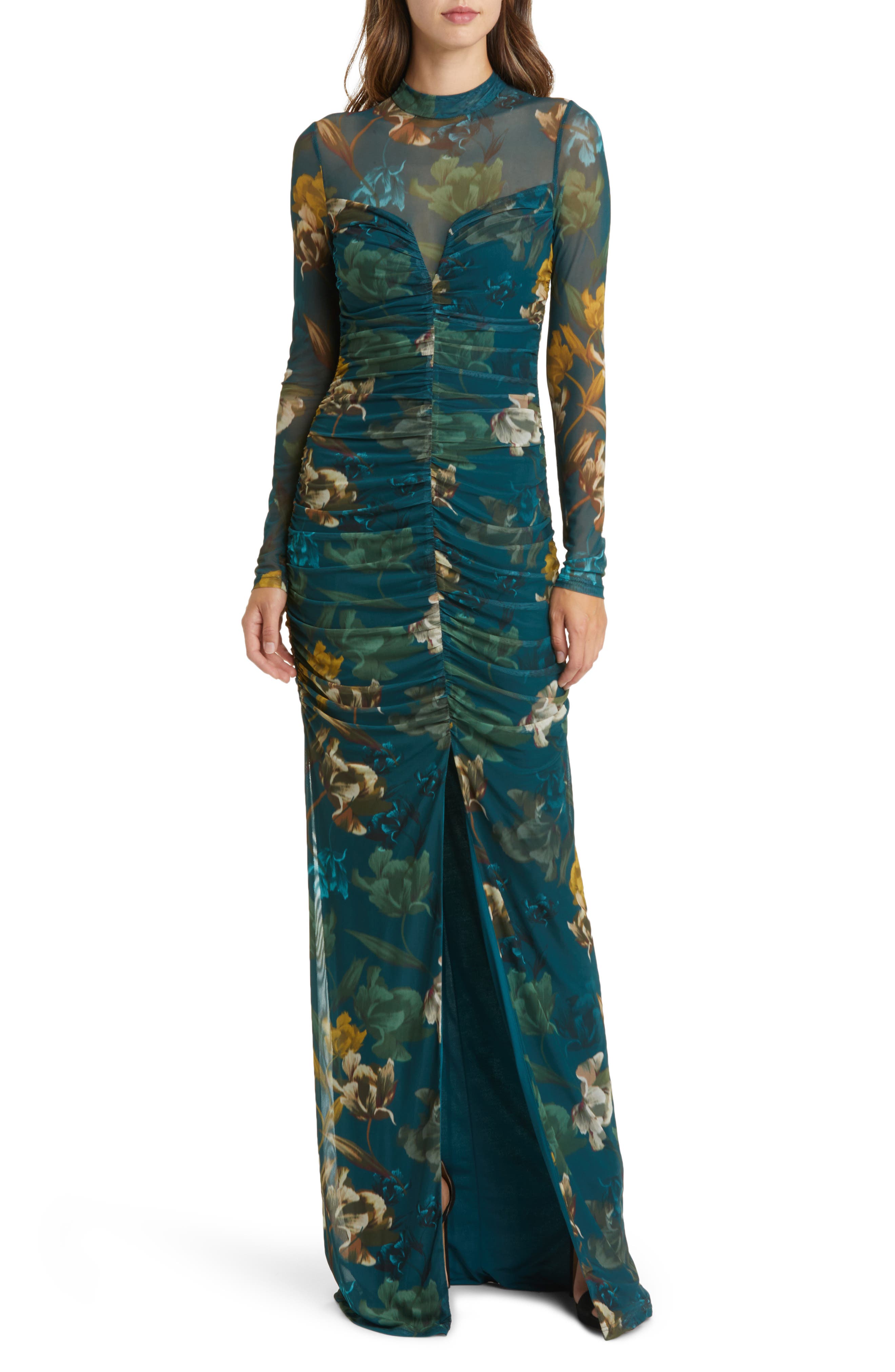 Black Halo Wendy Floral Ruched Long Sleeve Gown in Enchanted Vines | Smart  Closet
