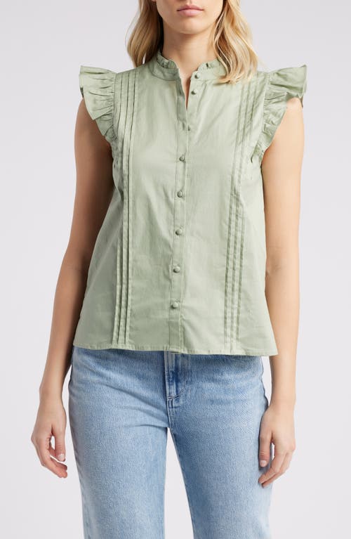 CeCe Pleated Cap Sleeve Stretch Cotton Button-Up Shirt at Nordstrom,