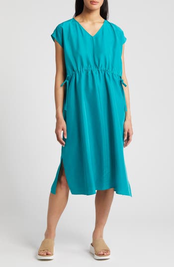 Eileen Fisher Side Tie Silk Midi Dress In Esmeralda