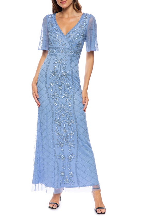 Shop Marina Bead Embellished Gown In Blue