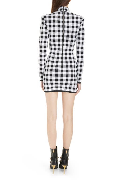 Shop Balmain Gingham Button Front Long Sleeve Knit Minidress In Eab Black/white