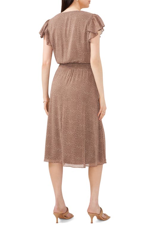 Shop Chaus Dot Print Smock Waist Flutter Sleeve Midi Dress In Mocha/white 229