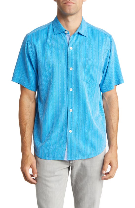 Tommy Bahama Salt Island Stripe Short Sleeve Silk Button-up Shirt In Deep Topaz