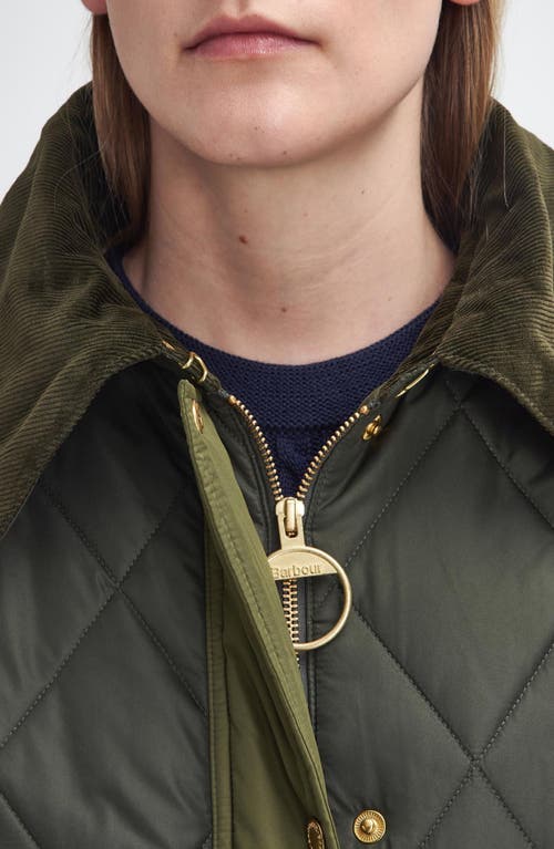 Shop Barbour Cookston Longline Quilted Coat With Removable Hood In Olive/ancient