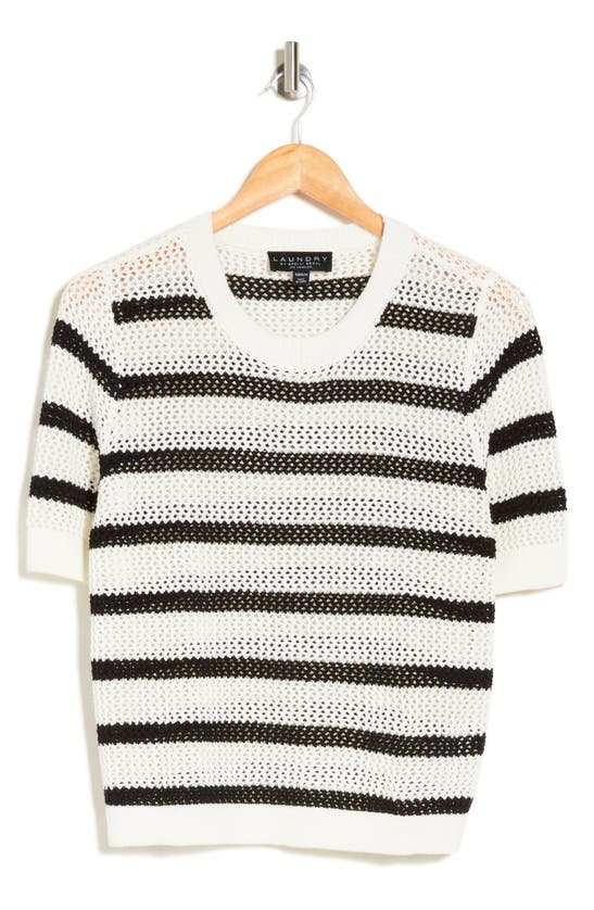 Laundry By Shelli Segal Open Weave Stripe Short Sleeve Sweater In Marshmallow/ Black