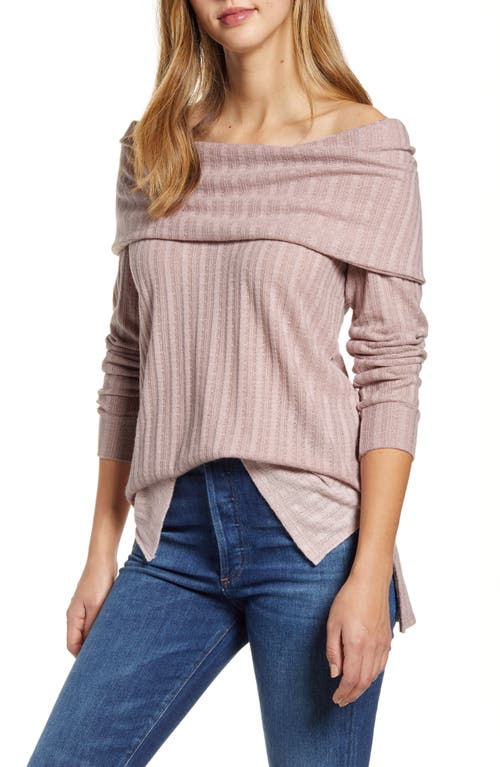 Loveappella Ribbed Pointelle Off the Shoulder Top in Mauve