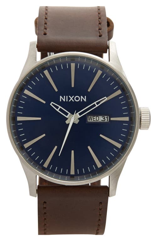 Nixon The Sentry Leather Strap Watch, 42mm In Brown/blue