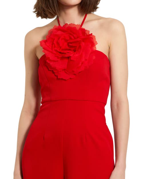 Shop Mac Duggal Crepe Halter Neck Flower Detail Jumpsuit In Cherry