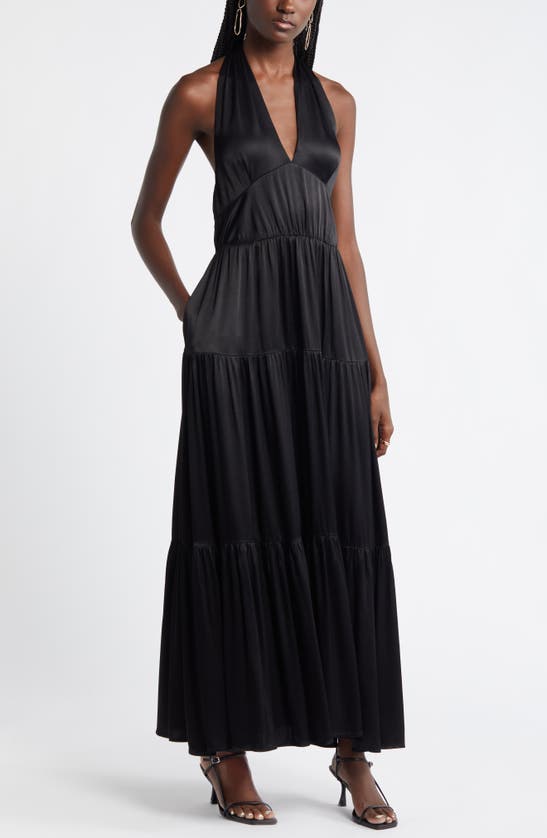 Shop Nordstrom Tiered Satin Halter Maxi Dress In Black