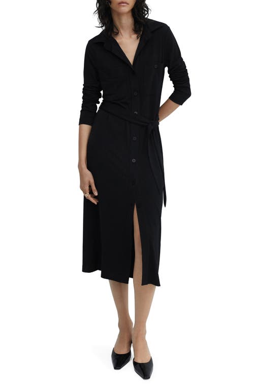 MANGO Long Sleeve Belted Shirtdress Black at Nordstrom,