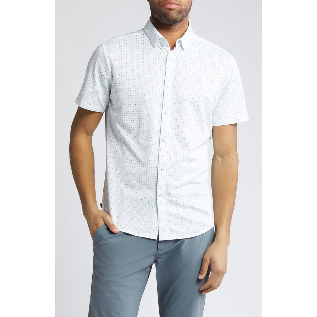 Mizzen + Main Mizzen+main Halyard Neat Short Sleeve Performance Knit Button-up Shirt In White/blue