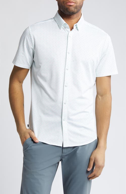 Shop Mizzen + Main Mizzen+main Halyard Neat Short Sleeve Performance Knit Button-up Shirt In White/blue