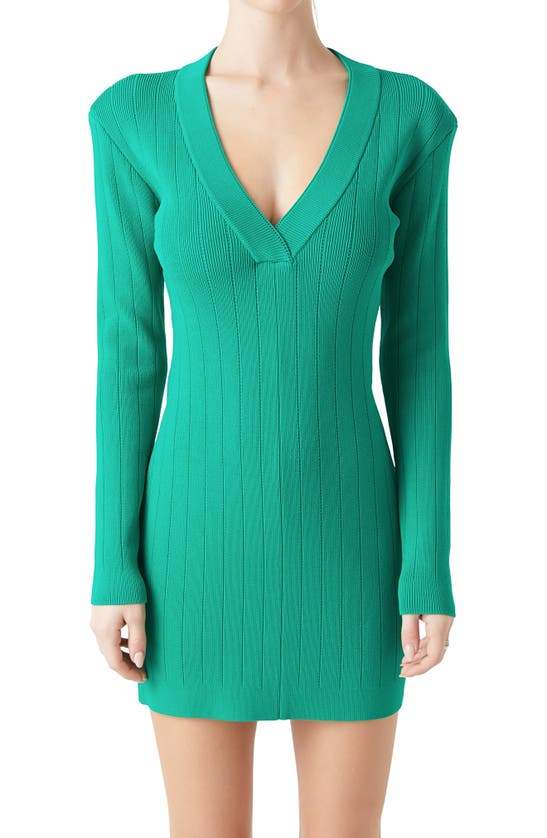 Shop Grey Lab Power Shoulder Long Sleeve Knit Minidress In Green