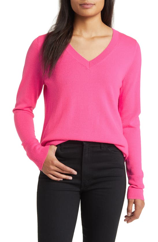 Caslon Wool Blend V-neck Sweater In Pink Neon