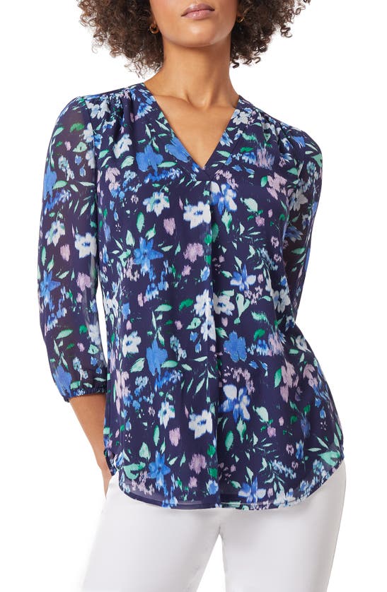 Shop Jones New York Floral Pleated V-neck Top In Navy/ Light Sapphire Floral