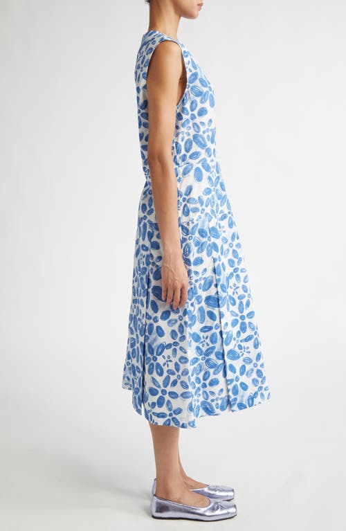 Shop Marni Floral Print Cotton Poplin Midi Dress In Iris Blue