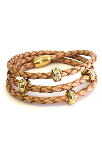 Shop Liza Schwartz Good Karma Leather & Cz Triple Wrap Bracelet In Gold/natural