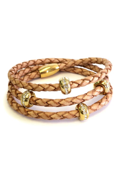 Shop Liza Schwartz Good Karma Leather & Cz Triple Wrap Bracelet In Gold/natural