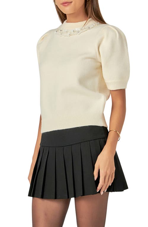 English Factory Embellished Puff Sleeve Sweater In Off White