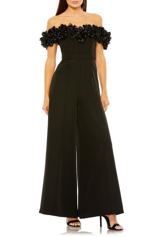 Mac Duggal Floral Bustier Off the Shoulder Wide Leg Jumpsuit Black at Nordstrom,