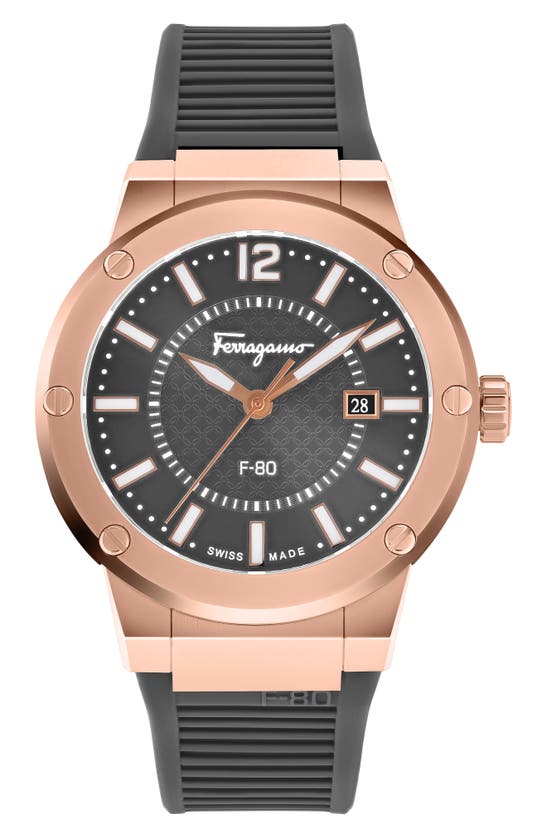 Ferragamo F-80 Chronograph Silicone Strap Watch, 44mm In Ip Rose Gold