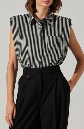 Astr The Label Elswyth Stripe Boxy Sleeveless Button-up Shirt In Black