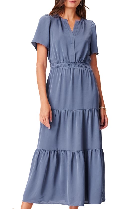 Shop Nic + Zoe Nic+zoe Daydream Short Sleeve Tiered Maxi Dress In Slate