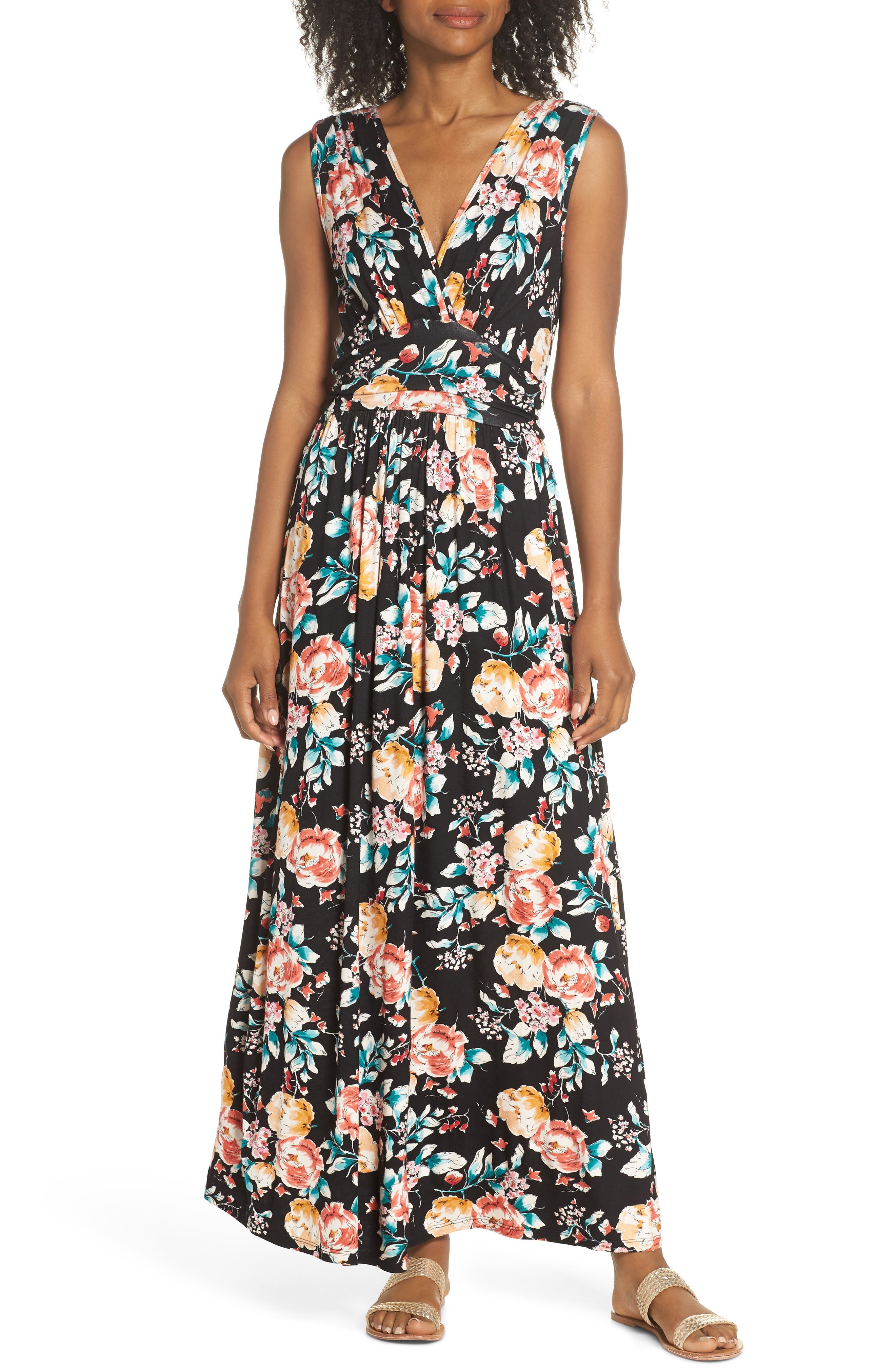 Fraiche By J Peony Deep V Maxi Dress, Blue