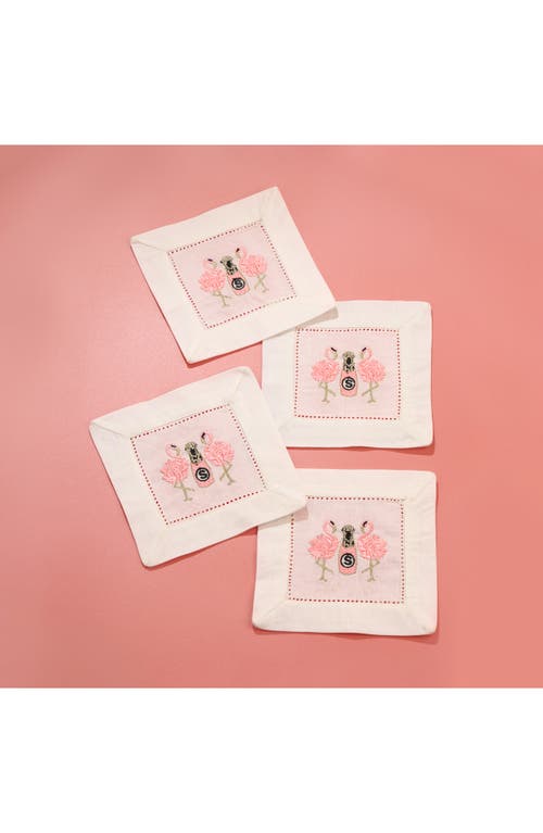 Tiramisu Set Of 4 Embroidered Coasters In White/pink Flamingos