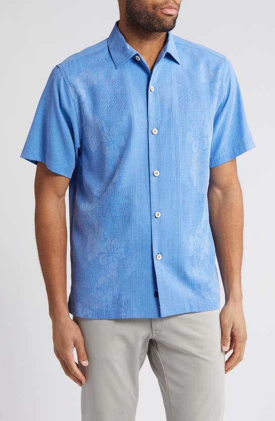 Tommy Bahama Bali Border Floral Jacquard Short Sleeve Silk Button-up Shirt In Mountain Bluebell