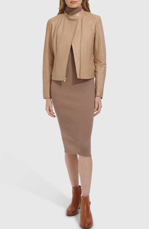 Cole Haan Band Collar Leather Moto Jacket In Sesame