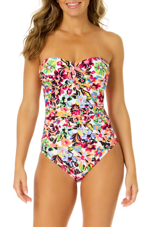 Twist Front Shirred Bandeau One-Piece Swimsuit