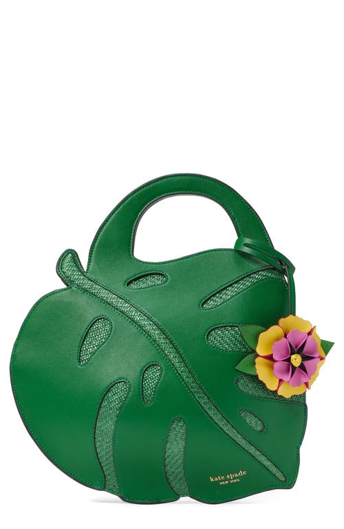 playa 3D leaf leather & straw top handle bag in Watercress Multi