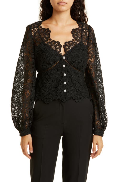 Self-Portrait Floral Puff Sleeve Guipure Lace Blouse in Black