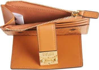 Mcm Patricia Mini Visetos Card Case Key Pouch In Cognac/gold
