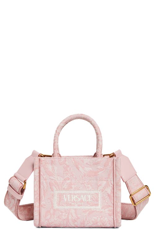 Shop Versace Extrasmall Barocco Embroidered Logo Jacquard Tote In Pale Pink-english Rose