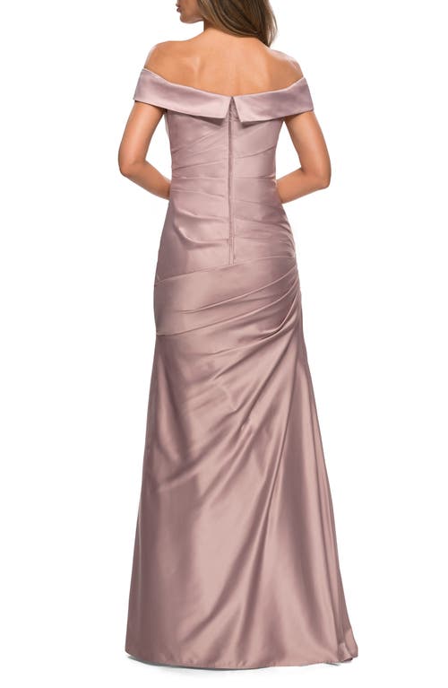 Shop La Femme Off The Shoulder Satin Evening Dress With Pleating In Champagne