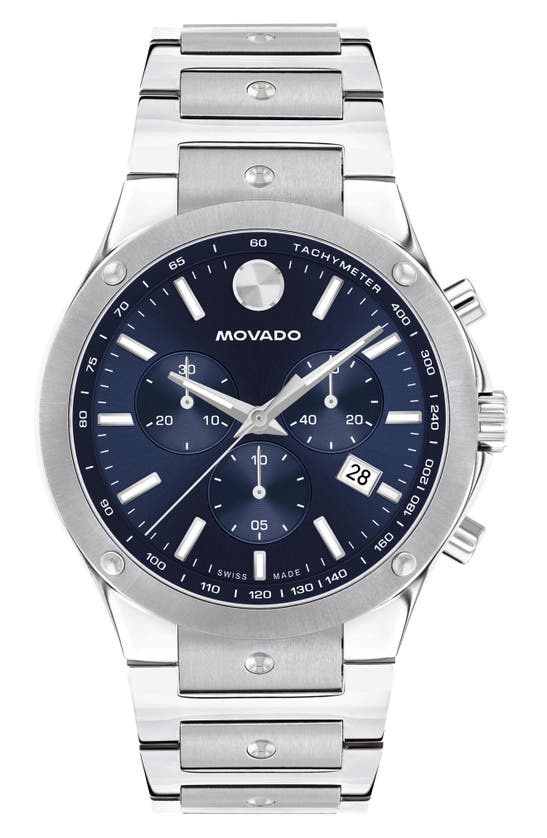 Movado Men's Swiss Chronograph Se Stainless Steel Bracelet Watch 42mm In Silver/ Blue