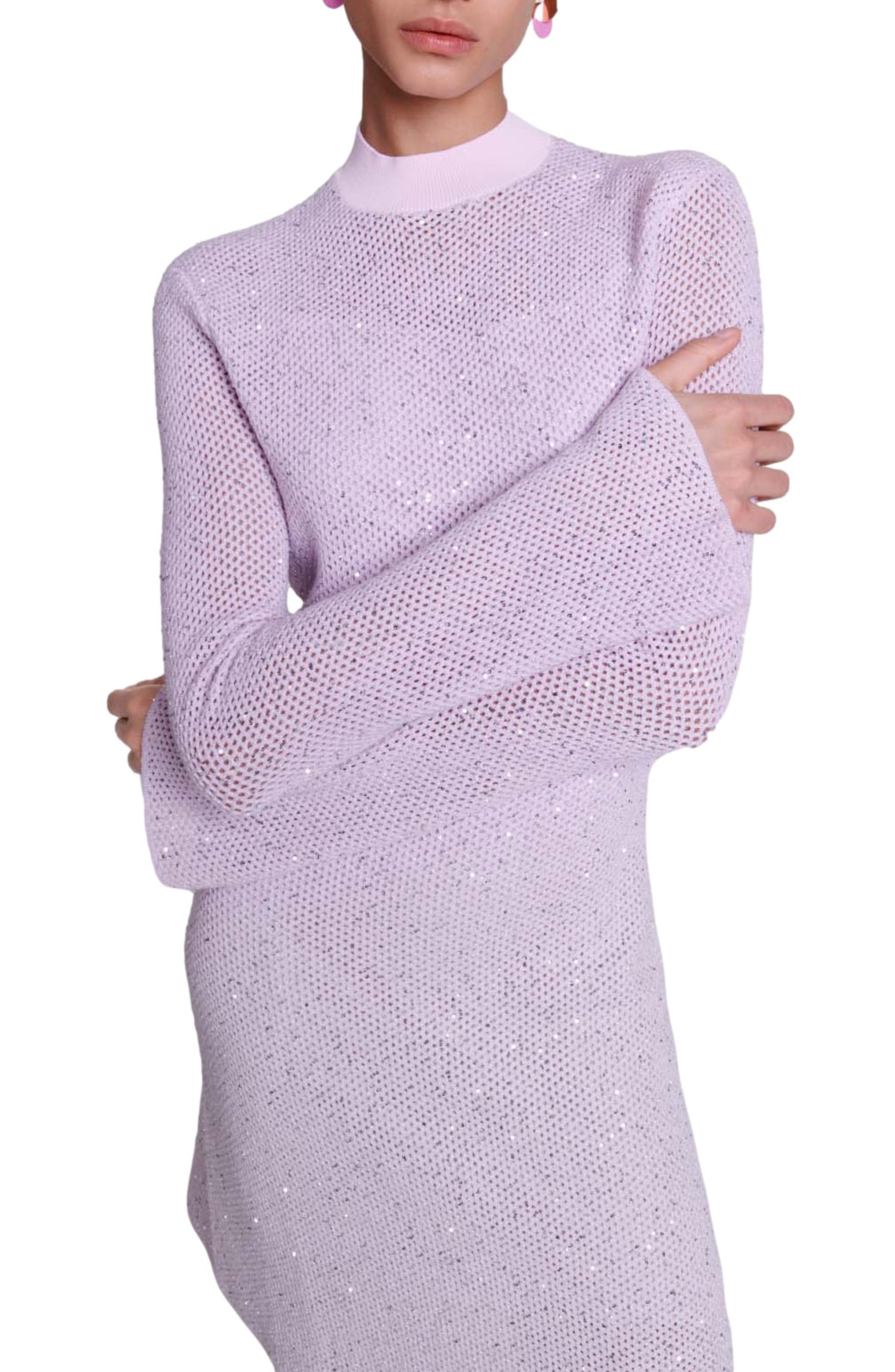maje sparkly ribbed knit dress Ravilly Sequin Cutout Bell Sleeve Mesh in Pink sku_64111B-PINKFLORAL-FO