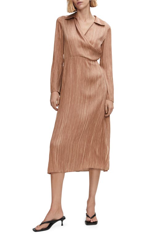 MANGO Wrap Front Long Sleeve Midi Dress Brown at Nordstrom,