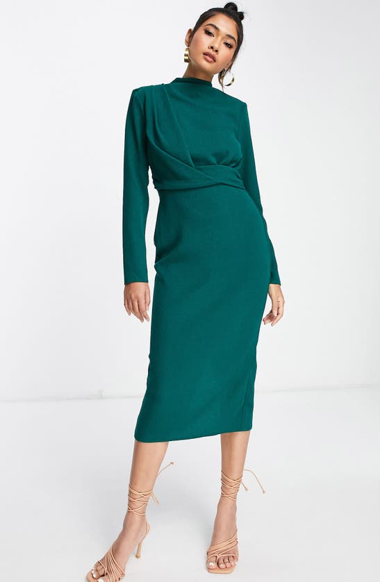 green emerald velvet dress ASOS DESIGN long sleeve tiered smock midi dress in forest green main image 0