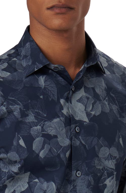 Shop Bugatchi Axel Leaf Print Stretch Cotton Button-up Shirt In Navy