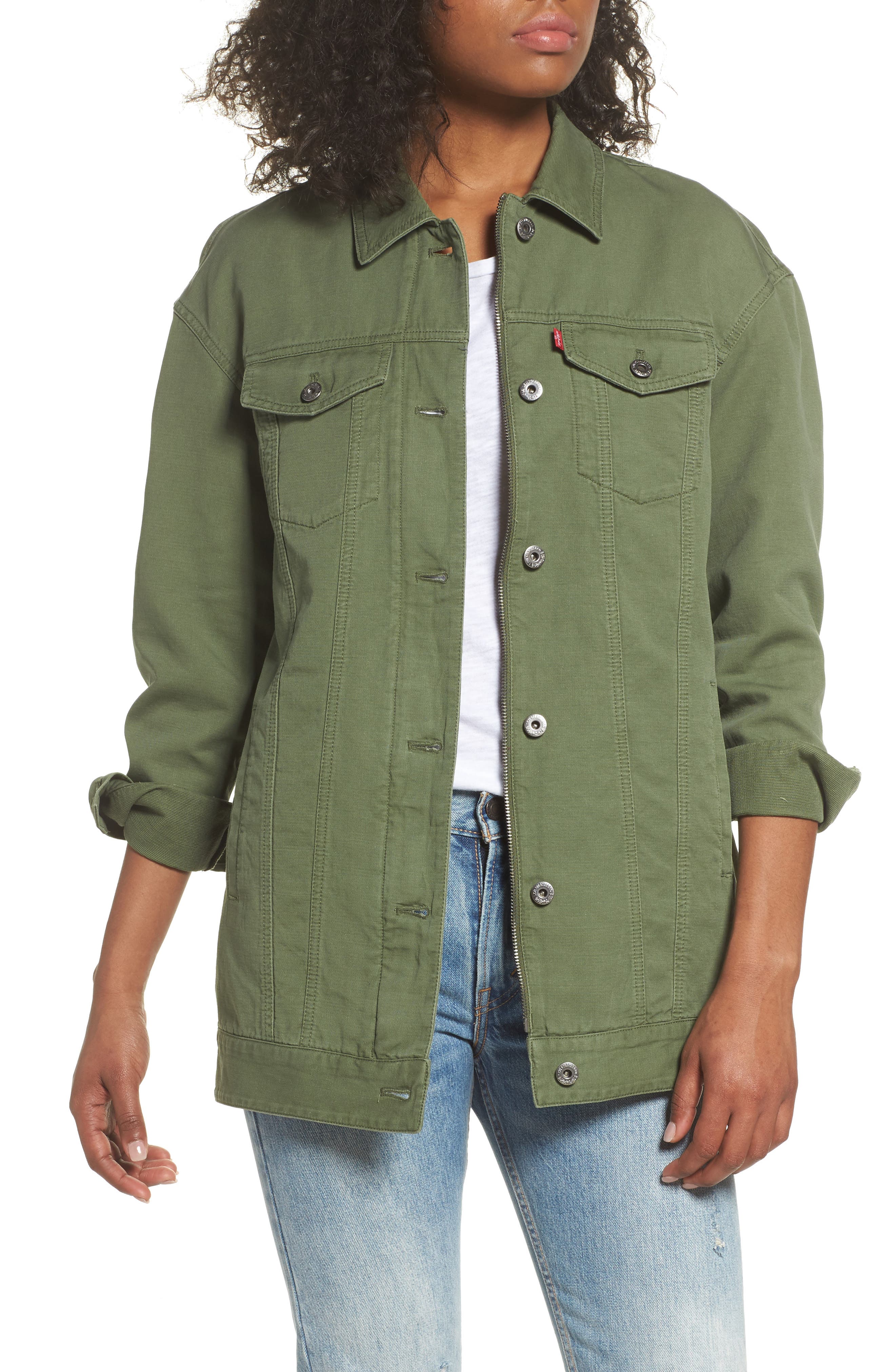 Levi's Oversized Long Cotton Trucker Jacket In Army Green ModeSens