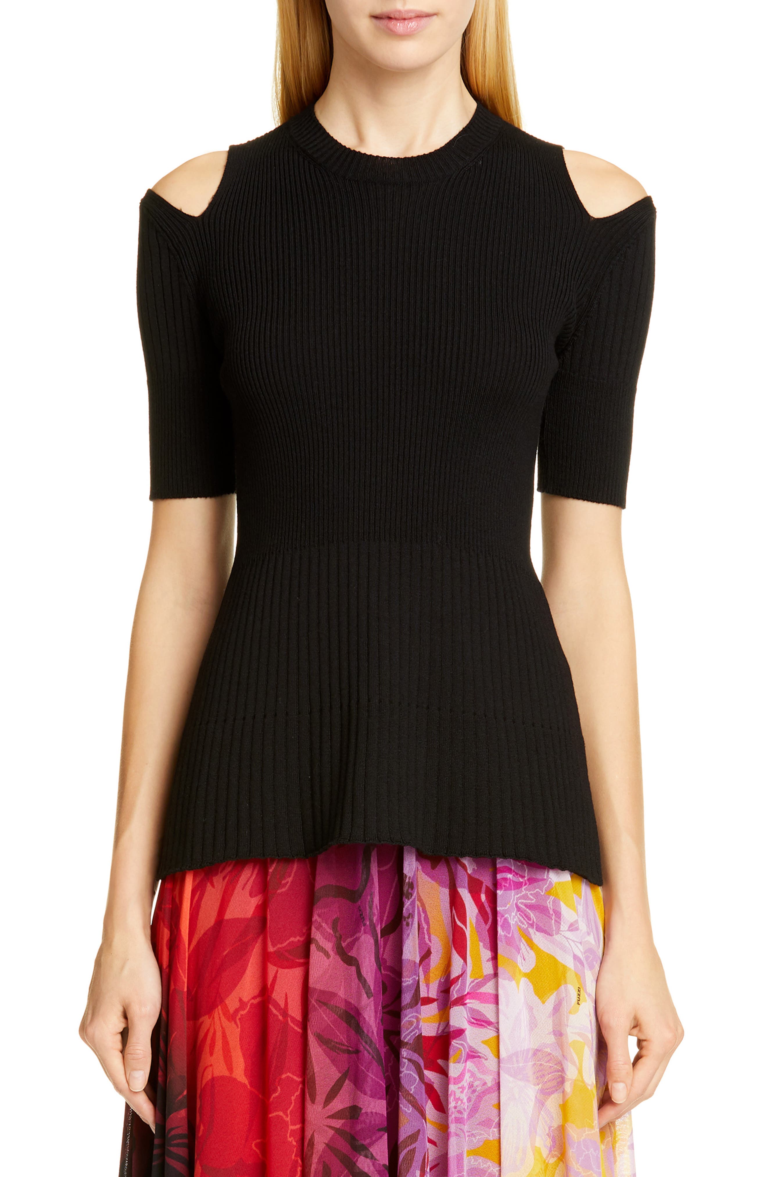 Fuzzi Cold Shoulder Ribbed Wool Sweater, Black