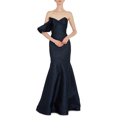 Ml Monique Lhuillier One-Sleeve Metallic Trumpet Gown, Blue