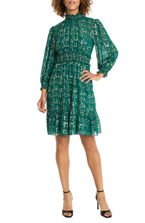 Shop Maggy London Metallic Print Long Sleeve Dress In Emerald/gold